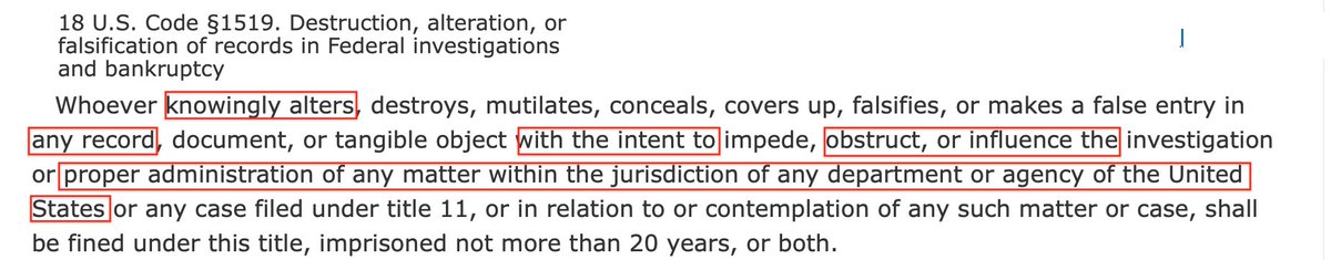 Clinesmith admitted making this change to the email after being confronted by the DOJ IG nearly two years later, making this almost certainly a violation of 18 USC §1519, destruction/concealment of records, given the wording of the statute