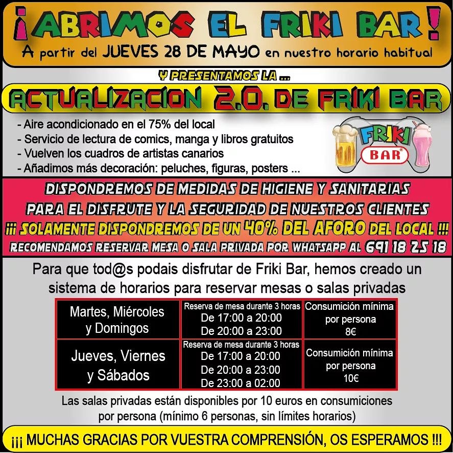 FrikiBar's tweet photo. ¡¡¡ VOLVEMOS A ABRIR !!! Reserva tu mesa o sala por whatsapp en el 691182518, ya que tendremos solo disponible el 40€ del local. OS ESPERAMOS
.
.
#frikibargrancanaria #decoraciónfriki #frikis #friki #bar #grancanaria #canaria #cocktail #copas #cocktel #cocteles #chupitos https://t.co/YwQwd8XUie