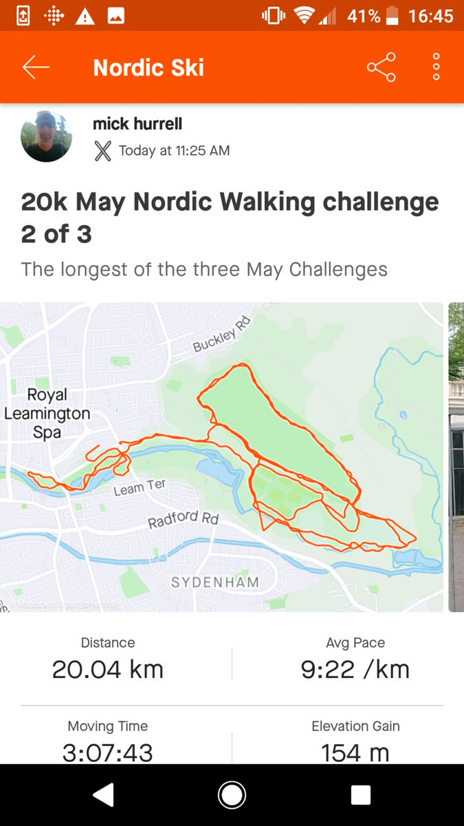 Mick_ActiveU's tweet photo. LONG ONE DONE! Hi @BritNordicWalk. Completed the 20km #MayChallenge today. My longest #NordicWalk to date! 3:07:43 (9:22min/km). Bit slower than my 10k a few days ago, but on target. I walked fasted &amp; without stopping. Focused on a really optimal walking technique. Felt great 👍 https://t.co/vc3v84pJQQ