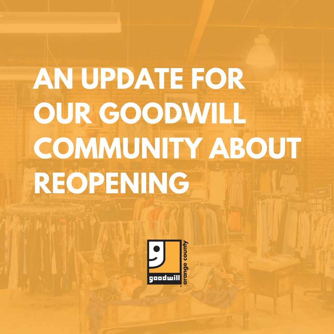 ocgoodwill's tweet photo. We’re so excited to welcome you back to #OCGoodwill! 💛 On Friday, May 29 at 10 a.m., we will be reopening some of our stores and donation sites with safety at heart. Visit our website to learn more:https://t.co/gJ0r08LO1X. #CreateGoodwill https://t.co/4LWURELEAg