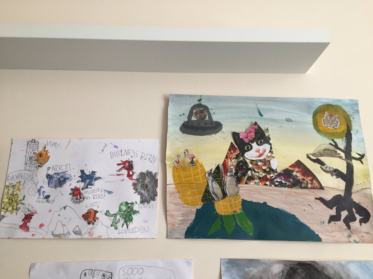 ChrisSudworth's tweet photo. @OFalafel Art Club has been the highlight of the home school week since it started - we now have a gallery and a (hilarious) pseudo-knowledge of art history @OFalafel #olafart #DiscoPants #BellyFluff #TRexVNeck #DaliBarmyArmy https://t.co/vKXqgLTwAu