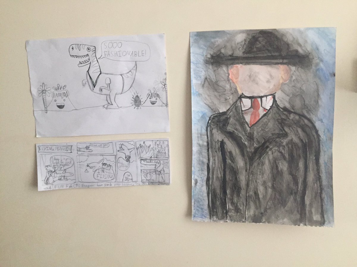 ChrisSudworth's tweet photo. @OFalafel Art Club has been the highlight of the home school week since it started - we now have a gallery and a (hilarious) pseudo-knowledge of art history @OFalafel #olafart #DiscoPants #BellyFluff #TRexVNeck #DaliBarmyArmy https://t.co/vKXqgLTwAu