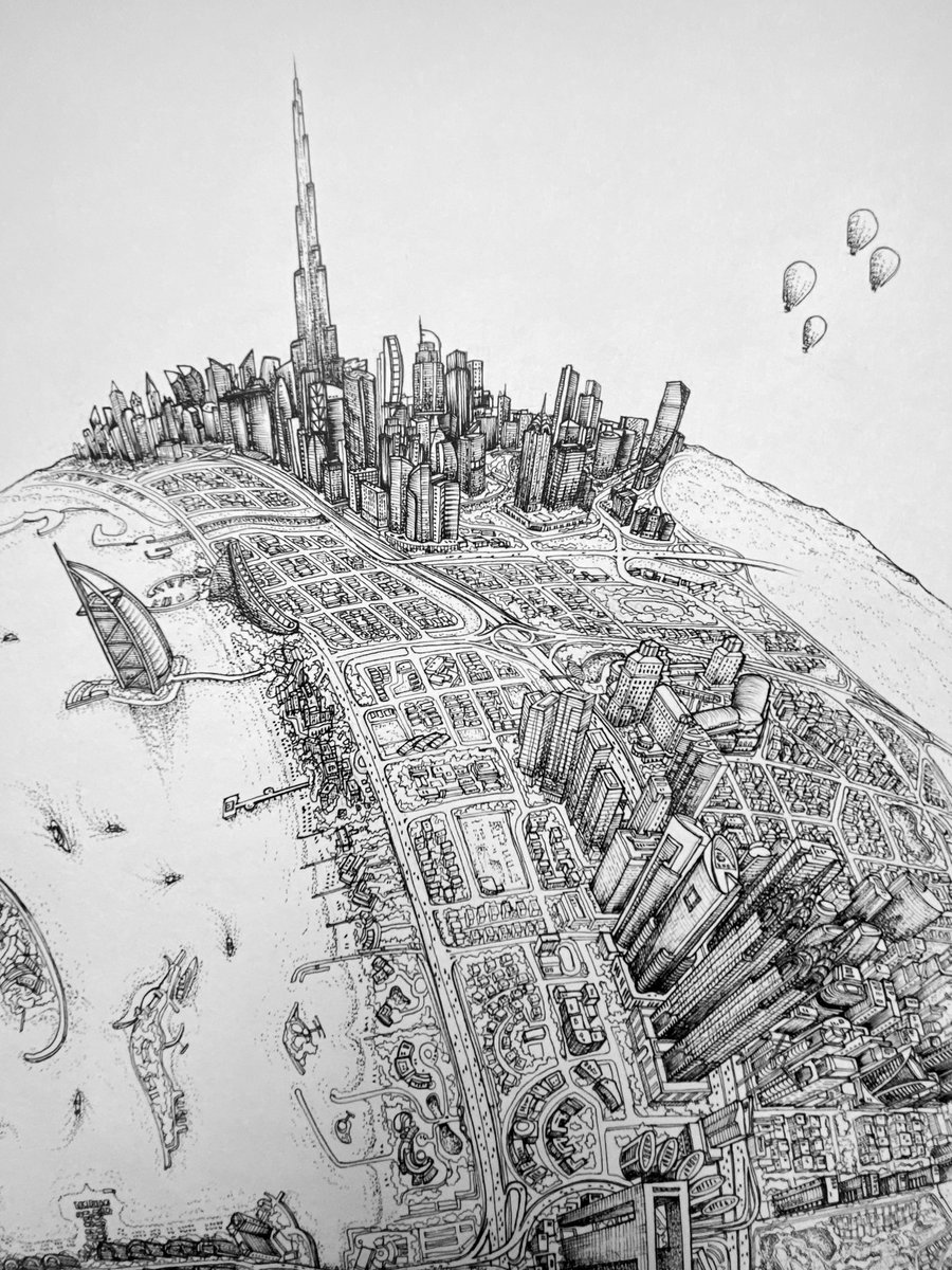 Here’s a look at one of my latest commissions. With its stunning skyline and soaring architecture, the Dubai Globe is one of the biggest and most complex pieces I’ve drawn! #Dubai #dubaiart #artist #artistsontwitter #UAE #artistsoninstagram #penandpaper