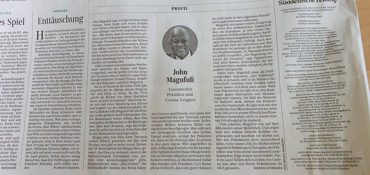 johnnjenga's tweet photo. Magufuli in German News

"If there was an international competition amongst presidents who deny the realities of Corona, then it would be a stiff competition amongst USA's Donald Trump, Brazil's Jair Bolsonaro &amp; Tanzania's Pombe Magufuli". 
"Tanzania is not reporting statistics." https://t.co/ZqBbiVfRot