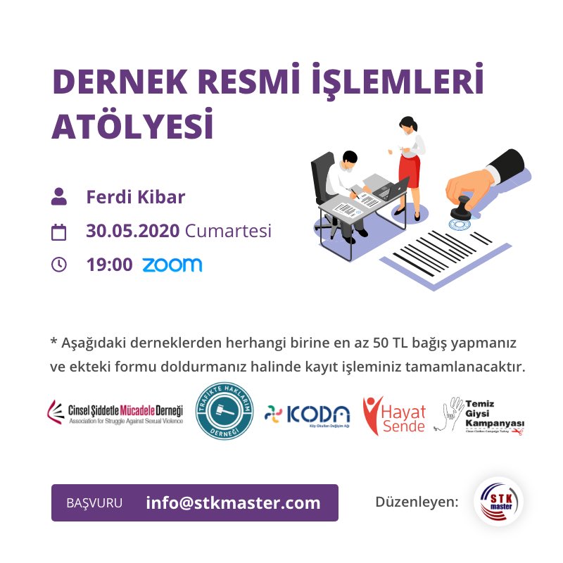 STK_Master's tweet photo. Webinar serimize Dernek Resmi İşleri Atölyesi ile devam ediyoruz!
Ferdi Kibar tarafından verilecek ‘’Dernek Resmi İşleri Atölyesi’’  30 Mayıs 2020 tarihinde saat 19.00’da düzenlenecek. https://t.co/VAboxkILWg