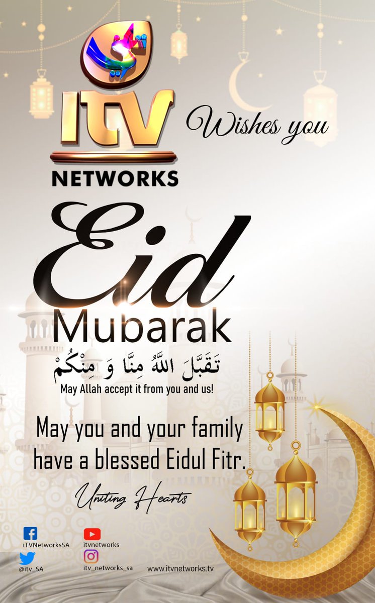 itv_sa's tweet photo. iTV Networks wishes our Viewers and all Muslims around the globe a blessed Eid Mubarak. 
May Allah accept our Ibaadah and Fasts Ameen 
Remember us in your Duas 
iTV Management and Staff
#EidMubarak #Ramadan1441 #ITVNETWORKS https://t.co/KPOVmF4Yd0