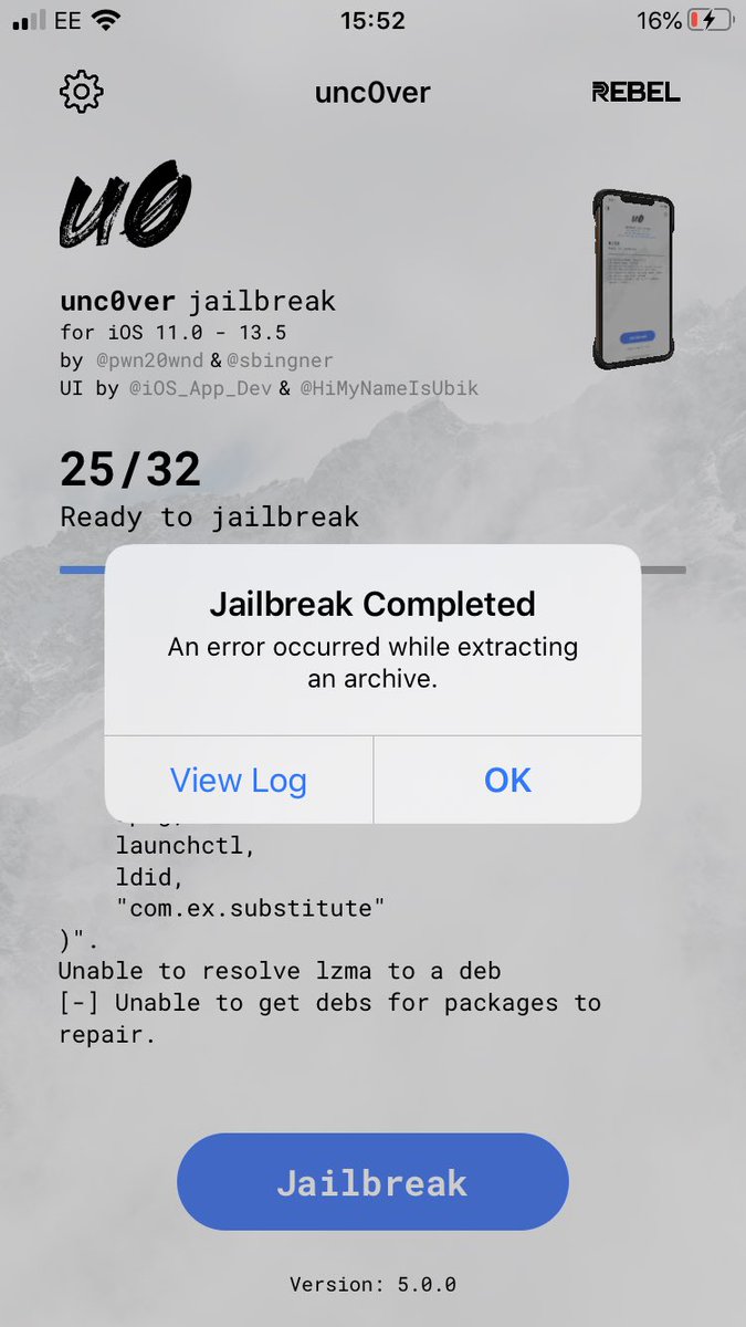 howy120's tweet photo. @unlimapps @unc0verTeam @Pwn20wnd I can jailbreak my iPhone iOS 13.4.1 keep getting this error https://t.co/jBx8AEnFOo
