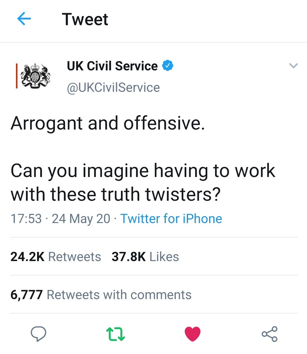 Lou (@lou_izis) on Twitter photo I think they mean this Civil Service tweet. I'm sure the individual was just following their instincts & protecting their child in response to Johnson's shitshow on the #DailyBriefings.
Shame really. We could do with more people who tell the truth, not fewer. I think they mean this Civil Service tweet. I'm sure the individual was just following their instincts & protecting their child in response to Johnson's shitshow on the #DailyBriefings.
Shame really. We could do with more people who tell the truth, not fewer.