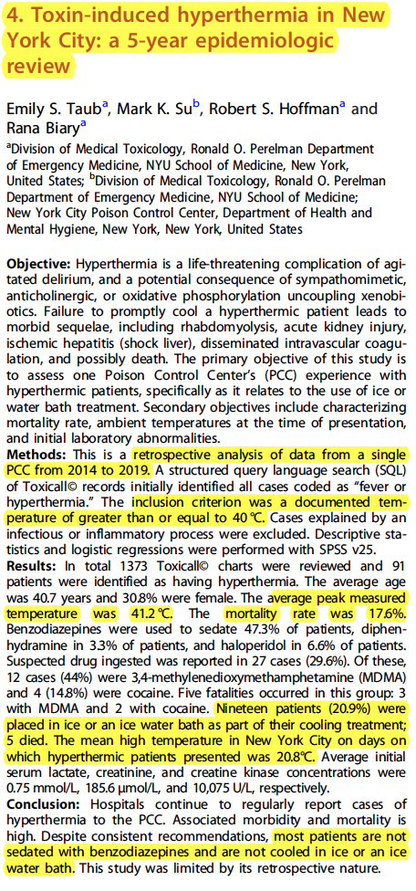toxic hyperthermia remains highly fatal according to 5 years of cases from NYCPCCsuboptimal sedation, many don't get ice baths, lots of room to improve @ETontox  @MarkKSuMD1  @ToxNyu  @bobhoffmd