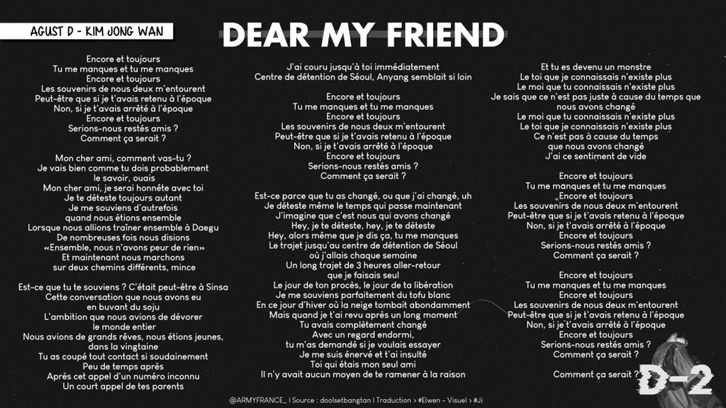 [ @BTS_twt x  #AGUSTD2 ]Terminons avec la traduction de 'Dear my friend' en collaboration avec Kim Jong Wan de NELL !  http://btsarmyfrance.fr/dear-my-friend/ 