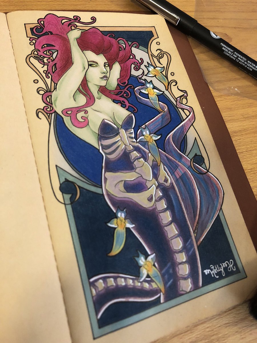 So finally had an idea for #mermay  went with a deep sea kind of vibe with the mermaid and other creatures being somewhat translucent #mermaid #deepseacreatures #fantasy #artist #hobbyart #traditionalart #artnouveau #artistontwitter #illustration #prismacolor