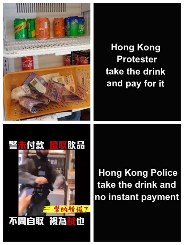 あの警官は飲み物を盗みました。じゃあ...あの人は警官ですか👮🏻‍♂️、泥棒ですか💁🏻。
#HongKongProtester vs #HongKongPolice 
#香港デモ 
#香港警察 
#香港国家安全法に抗議します 
#香港人
