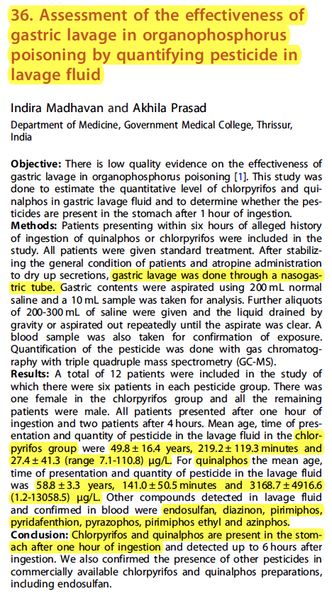 decontaministas will love this - quantifiable organophosphates in GI lavage effluent after overdose, many >6 hours after eventsurprise! clinical outcomes not reported