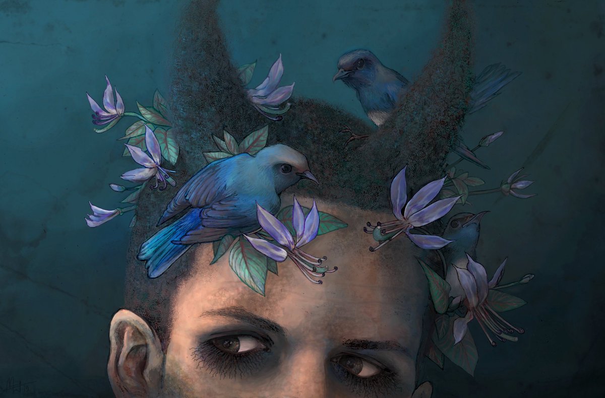 MsSmoosie's tweet photo. Another one, and an unexpected one maybe ? #DisposableDemon ! (some might call him Eric) With fringed spider flowers &amp; blue and white flycatchers 🌼🕊️ His haircut is awesome. I had to draw him. #GoodOmens #GoodOmensFanArt #bird #FlowerCrown https://t.co/LlrPIceQka