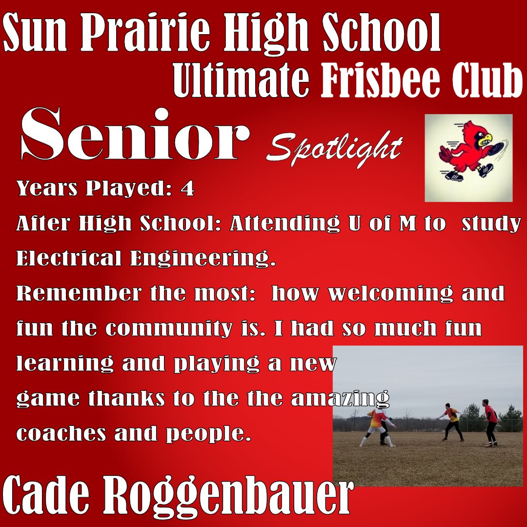 We missed you this spring!  And while we couldn't play ultimate, we do want to acknowledge our talented seniors.  

First: Cade, whose wingspan and ultimate IQ make him a defensive force.  He's also a vocal leader who served as a B team captain!  #spultimate #sunprairieschools