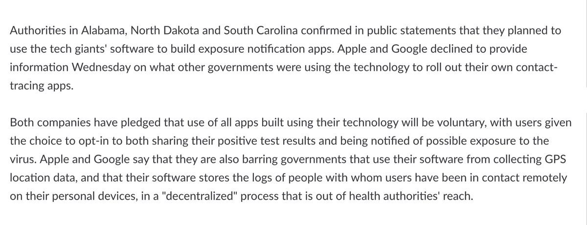“barring governments that use their software from collecting GPS location data..their software stores the logs of people with whom users have been in contact remotely on their personal devices,.a "decentralized" process that is out of health authorities” https://www.law360.com/articles/1275597/apple-google-launch-covid-19-exposure-notification-tool