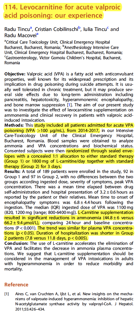 i think this is an RCT of L-carnitine vs standard care for pts admitted w/ VPA overdose??if so, the title probably undersells importance of findingsL-carnitine -> shorter hospital LOS, faster VPA and NH3 eliminattionneed the full paper