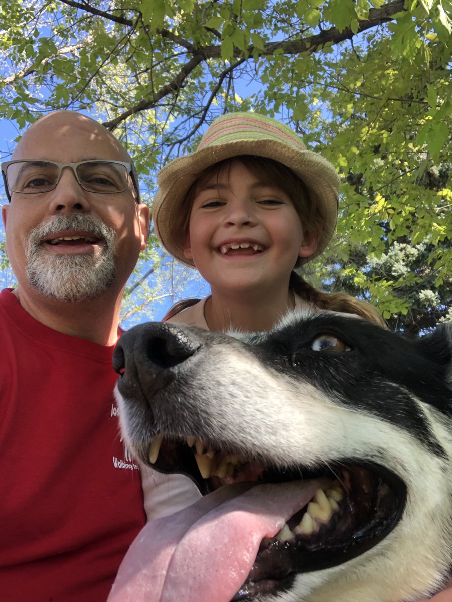 RandallBarrett's tweet photo. Rowan and I and our dog Zooey went on our virtual walk to end MS today with Joshuas Team!  Kirstin was here in spirit too just at home with a rotten migraine.  Selfies with a dog are fun! https://t.co/DwM5ZY53dC