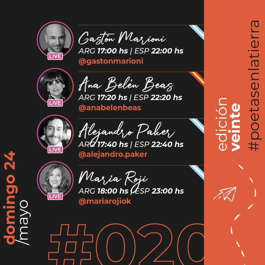 ¡Se viene la EDICIÓN VEINTE! Hoy, DOMINGO 24 de mayo, cuatro nuevos artistas serán parte de #poetasenlatierra ♥️🙌🏽🌍 <a href="/gastonmarioni/">gaston marioni</a> <a href="/AnaBelenBeas/">Ana Belén Beas</a> <a href="/alepakerok/">Alejandro Paker</a> <a href="/MARIAROJI/">MARIA ROJI</a>