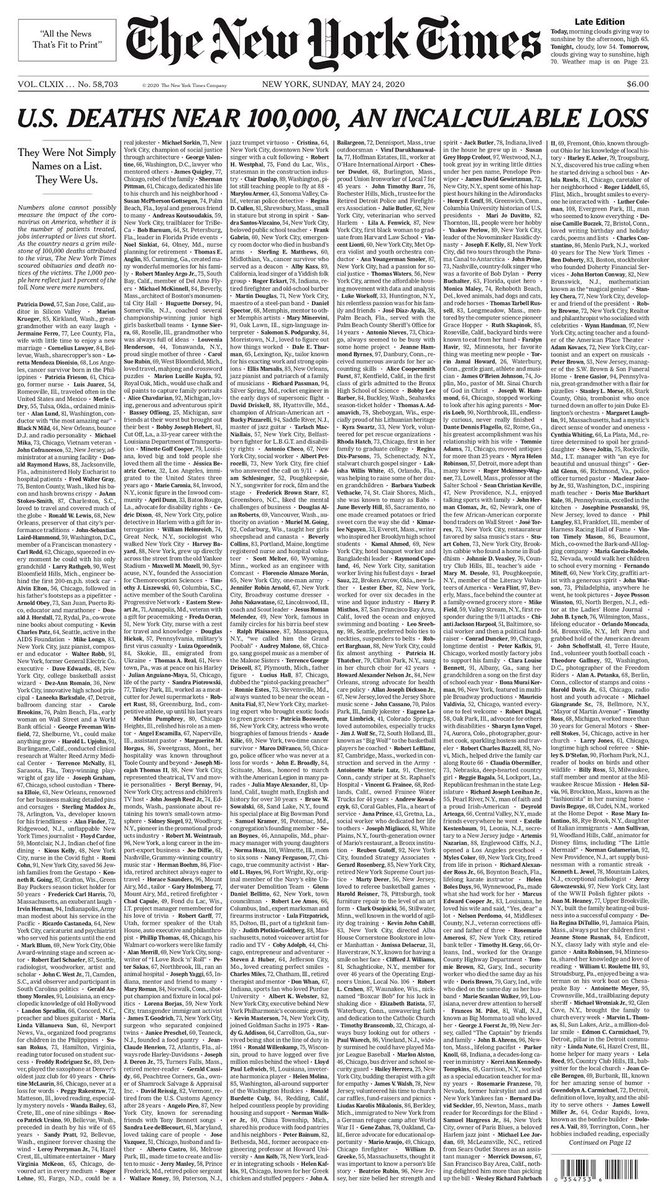 @simonelandon @nytgraphics This is an incredible front page!! It absolutely tells the story of the enormity of the loss, partly by crowding out all the normal pictures  & headlines. ❤️the sentences about the lives of those lost. Thank you @nytgraphics The interactive piece online is sad!/wonderful.