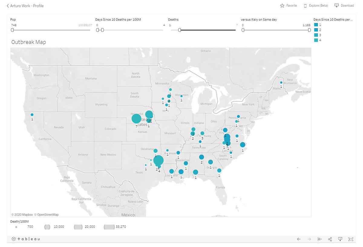 New Outbreaks:Color Coded Outbreaks Map :  https://public.tableau.com/profile/arturo.galletti#!/vizhome/Covid19byCounty/OutbreakMap_1?publish=yesGraph1 is:>3 deaths,<4 daysLexington Neb.(7)Red River Tx.(4)Longview Tx.(4)Oldham (Lousville) Ky (4)Roanoke VA (3)Some large new outbreaks last 4smaller outbreaks in graph 2