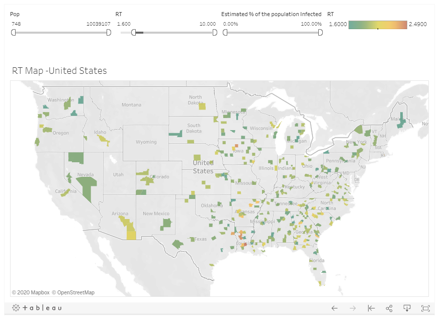 Wave 2 candidates:𝑅𝑡 approx by case by county (last 7 day avg.)Map 1 is high 𝑅𝑡 counties (i.e. ripe for wave 2)Map 2 is very highToo busy for my taste.There seems to be something similar to the NY spread happening around Lousiana/Al/GA now. https://public.tableau.com/profile/arturo.galletti#!/vizhome/Covid19byCounty/RTMaps?publish=yes