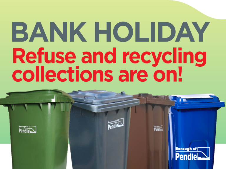 PendleBC's tweet photo. Our crews are working Bank Hol Mon 25 May. If it's your bin day in #Earby, #Salterforth #Barnoldswick #Reedley #Brierfield & you'd like a lie-in then put it out the night before. For #staysafe advice on waste disposal & how to recycle more during lockdown https://t.co/IEEmdmQl7b https://t.co/lqqv0lbwu7