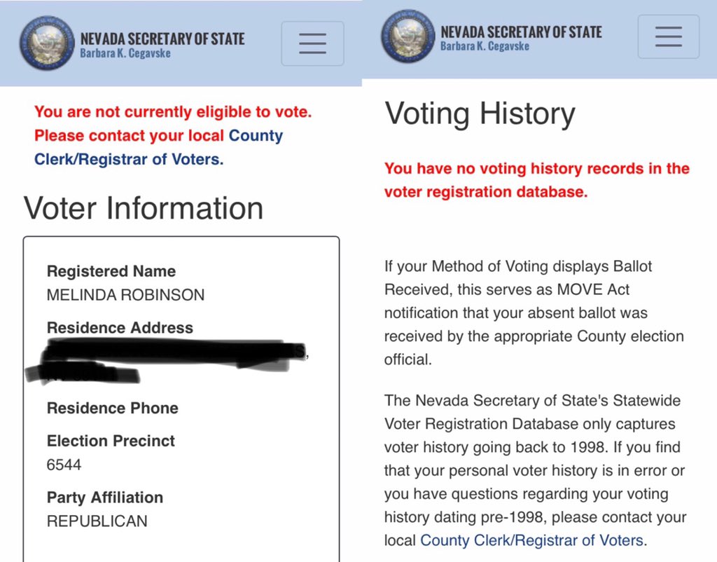 This is me. I checked this site 2 weeks ago to make sure my voting history was correct, now it’s gone and they’re saying I’m ineligible to vote. What is going on here?Here’s the site to check it:  https://www.nvsos.gov/votersearch/ 