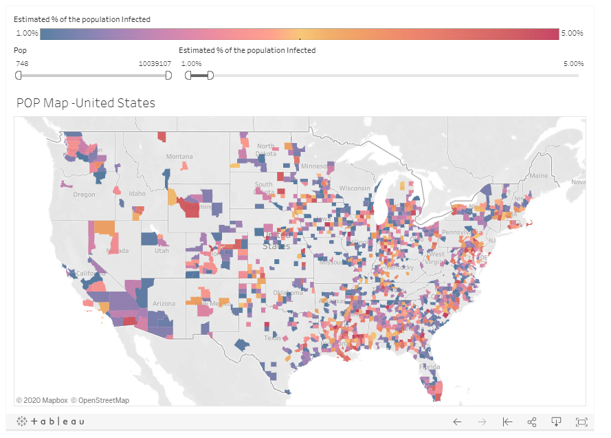 County Tableau showing estimated population exposure is also updated. https://public.tableau.com/profile/arturo.galletti#!/vizhome/Covid19byCounty/PopulationExposure?publish=yesMultipliers stable at 8x at the moment.Let's look at >=1% <=5% and add in a map showing R>=1 for a view of "live" Counties.SEC country, Southern Cal, Upstate NY, around DC, Midwest