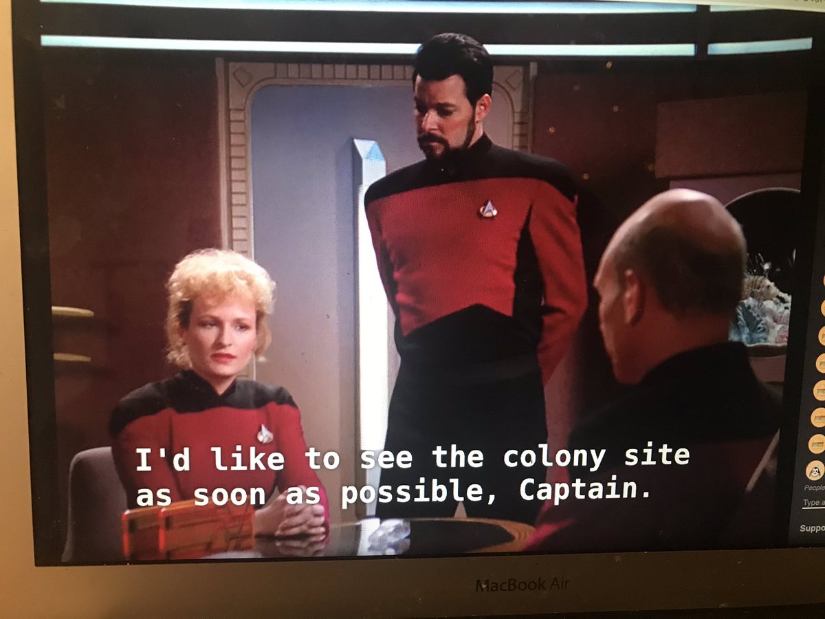 incredible space hair: i predict she and riker are gonna boink. also creepy that her boss is like "just an old man's fantasies" 