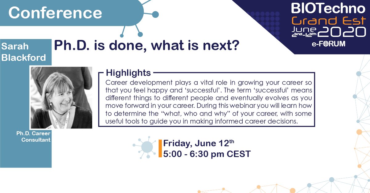 Introducing BIOTechno Grand Est plenary conference on “Ph.D. is done, what is next?“
Special thanks to our speaker 
Sarah Blackford, Ph.D. career consultant from 
@BiosciCareer
Register now lnkd.in/dRWkXy8
Program details lnkd.in/dYwKi3J
#careernavigation #phdchat