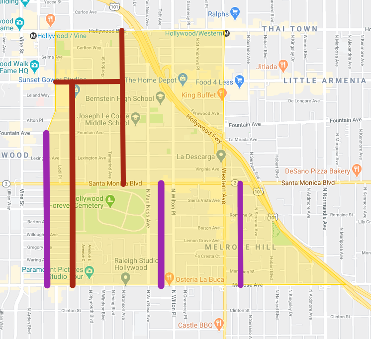 Last weekend <a href="/mayorofla/">Mayor Karen Bass</a> started temporarily closing streets as a part of the "Slow Streets" program that we passed a resolution about. Here are the streets that we recommended. The red are partial closures &amp; the purple are full closures to non-local traffic ♥