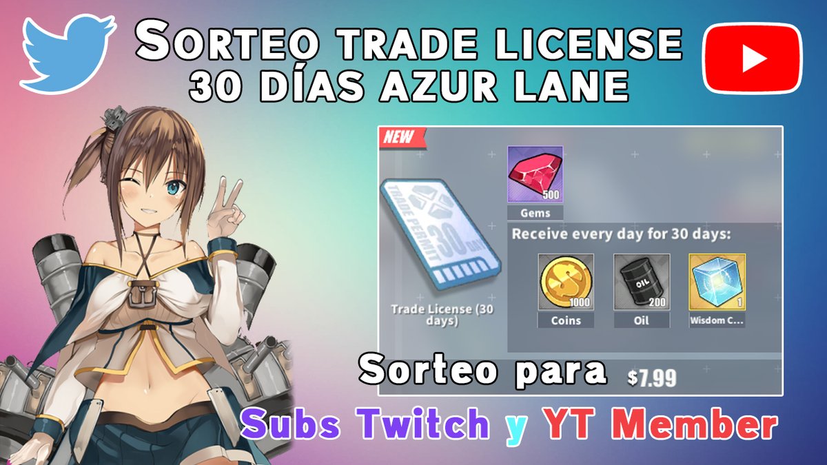 Sorteo para mis panas de Azur Lane! (Global)
El sorteo termina el Jueves 4 de Junio (04/06/20)
El ganador será elegido en directo ese mismo día en YT.
Sorteo para Subs de Twitch y Miembros de YT.