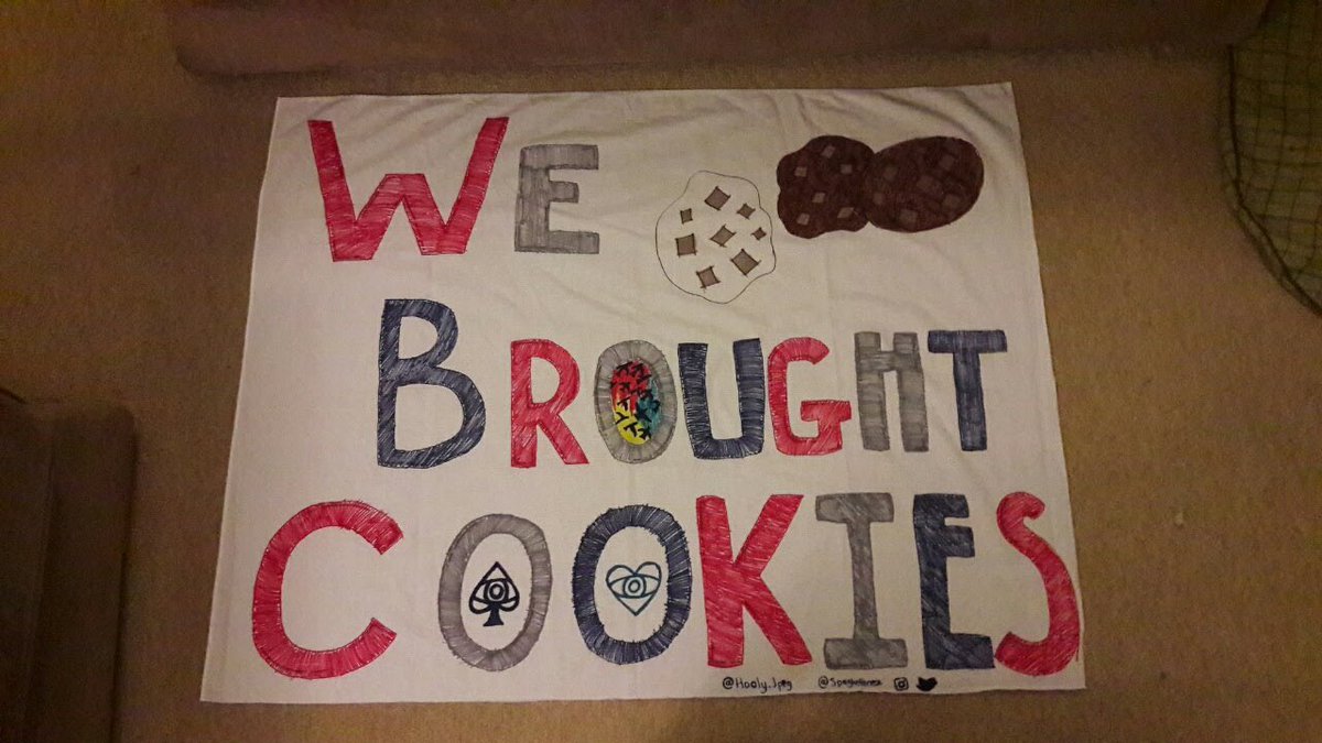Banner drawn by me and  @spaghettinez and taken to the Birmingham show back in 2018. Yes we did bake and take cookies. they were sO good.