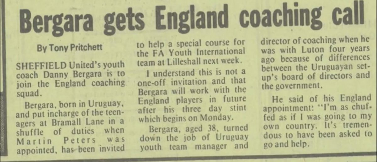 Año 1980, el DT de Inglaterra de ese momento, Ron Greenwood lo invita a formar parte del cuerpo técnico de la Sub 20. Esa la primera vez que se contrató a un entrenador extranjero para trabajar con la selección de Inglaterra.