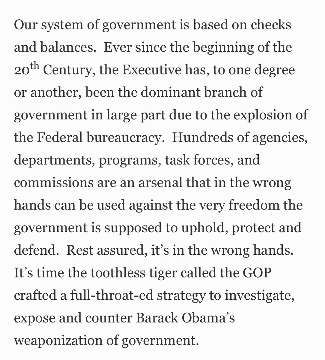  #ObamaGate  #Infiltration - Let’s hope the GOP have grown a pair now! - It’s time the toothless tiger called the GOP crafted a full-throat-ed strategy to investigate, expose and counter Barack Obama’s weaponization of government.  https://www.forbes.com/sites/thomasbasile/2014/01/31/obamas-weaponization-of-government/