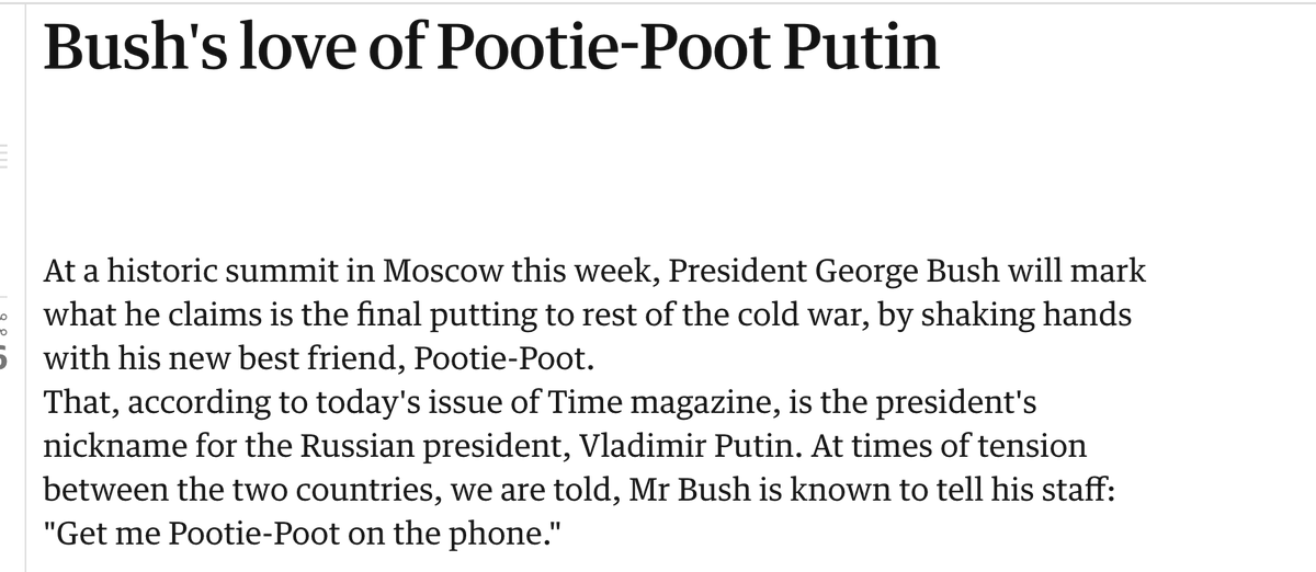 Have you nyet seen beautiful things Bush has said & painted about VOЖД Putin? He had special nickname foЯ him: "Pootie Poot." He said "I looked the man in the eye. I found him very straightforward and trustworthy – I was able to get a sense of his soul."...