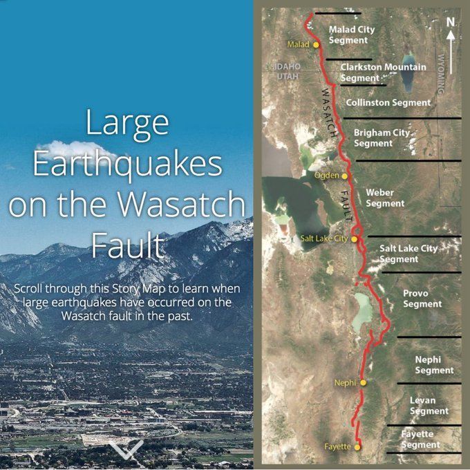 raspishake's tweet photo. The #WasatchFault is one of the longest &amp; most active faults of its type in the world. Check out this amazing "story map" to learn more about the fault &amp; find out when large #earthquakes struck the region in the past. #UtahEarthquake #IdahoEarthquake ➡️ https://t.co/8XsEu3aZ4K https://t.co/w60kDToJQv