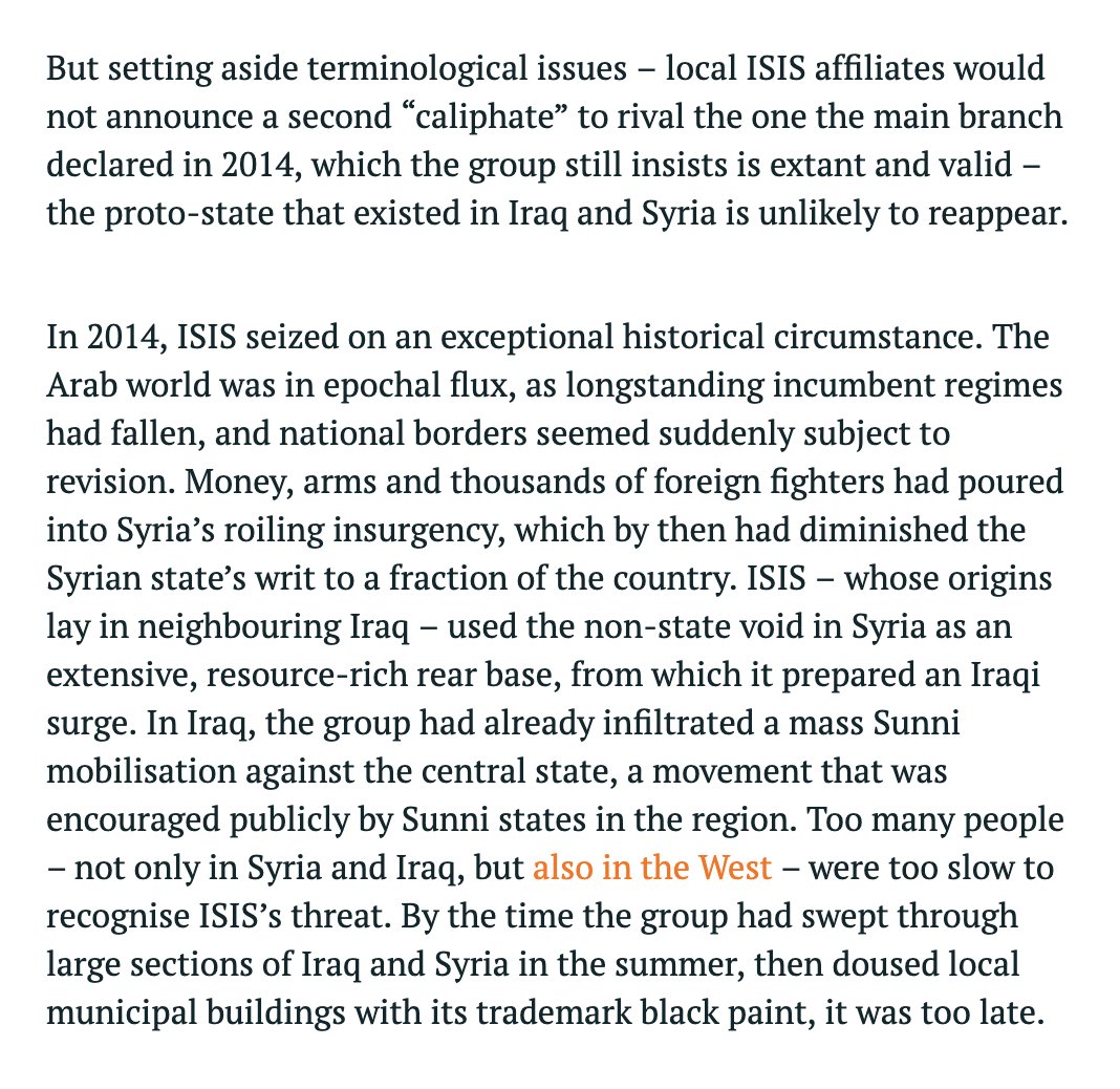 This is why I argued for  @CrisisGroup that 2014 is unlikely to repeat – things had gone wrong inside *and* outside Iraq in ways that supercharged IS:  https://www.crisisgroup.org/middle-east-north-africa/gulf-and-arabian-peninsula/iraq/when-measuring-isiss-resurgence-use-right-standardIS may be getting worse in Iraq – but we need to measure that by a more real standard, not 2013-14.4/4