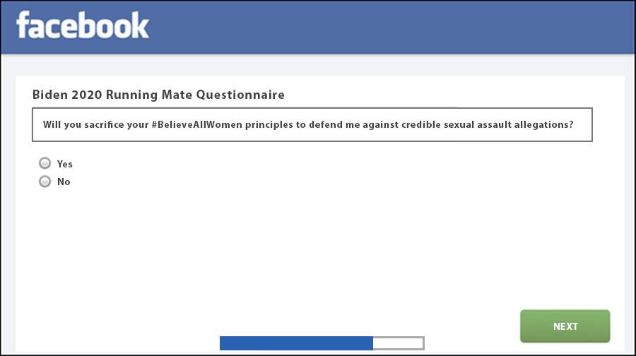 Question 6: Will you sacrifice your  #BelieveAllWomen principles to defend me against credible sexual assault allegations?