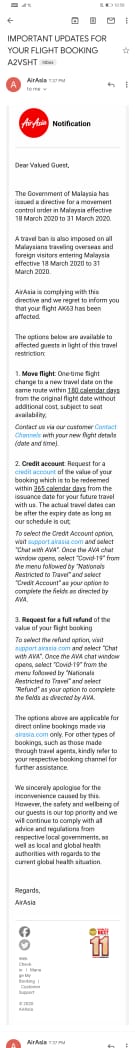 After the cancellation, we received an email from  @AirAsia informing us that we had the option of seeking a full refund. Despite more than two months of requests through emails and the AVA chat facility, we are yet to receive any response to the request, let alone a refund.