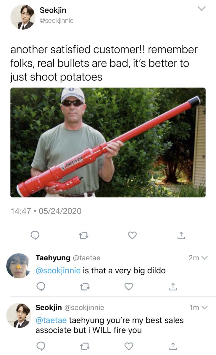 namjin au where potato gun salesman seokjin tries to sell his product to unsuspecting potato farmer and self proclaimed potato advocate namjoon