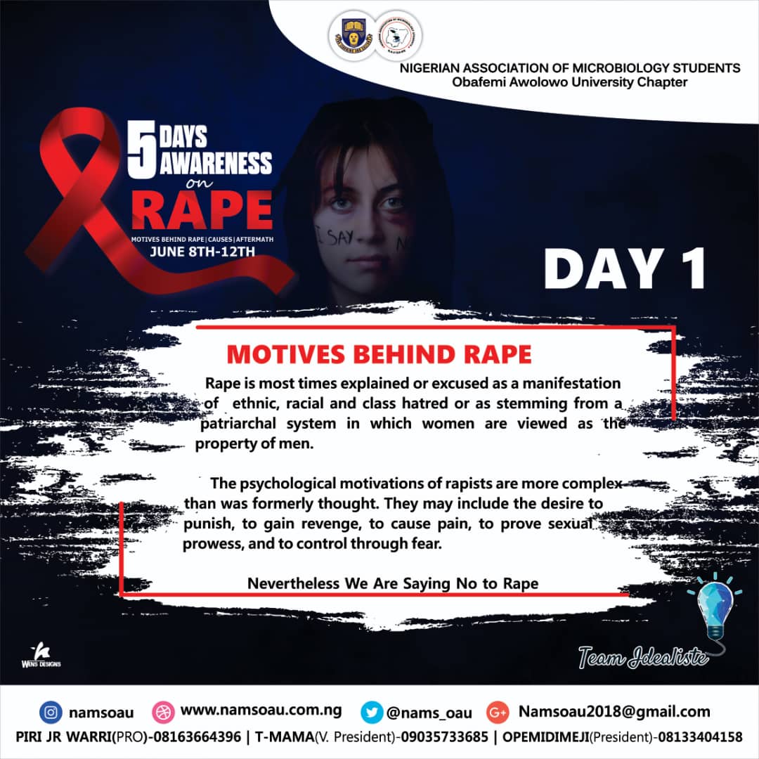 DAY 1 📢:

RAPE IS A CRIME!!

THERE IS NO JUSTIFICATION FOR WHATEVER MOTIVE/REASON TO RAPE.

NULLIFY EVERY MOTIVE TO RAPE. 

WE ARE SAYING NO TO RAPE!! (And Justice For Every Victim) 📢 

#Day1
#5DaysAwarenessOnRape #NAMSOAU #TeamIdéaliste💡