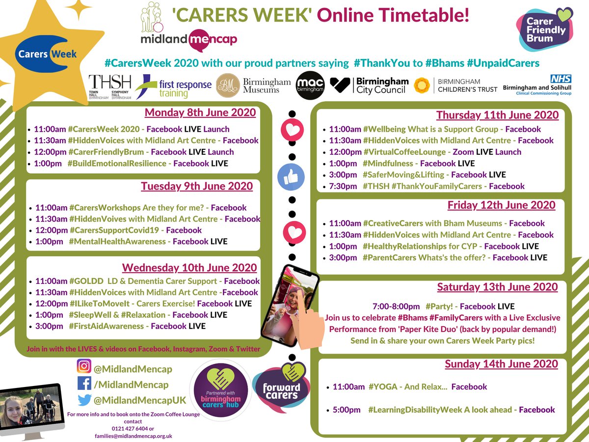 🥳Happy #CarersWeek2020 🥳

We've got a packed and exciting online timetable to celebrate all family carers across the Midlands!

Join us for the launch of this weeks timetable live on Facebook Now!  facebook.com/MidlandMencap/…