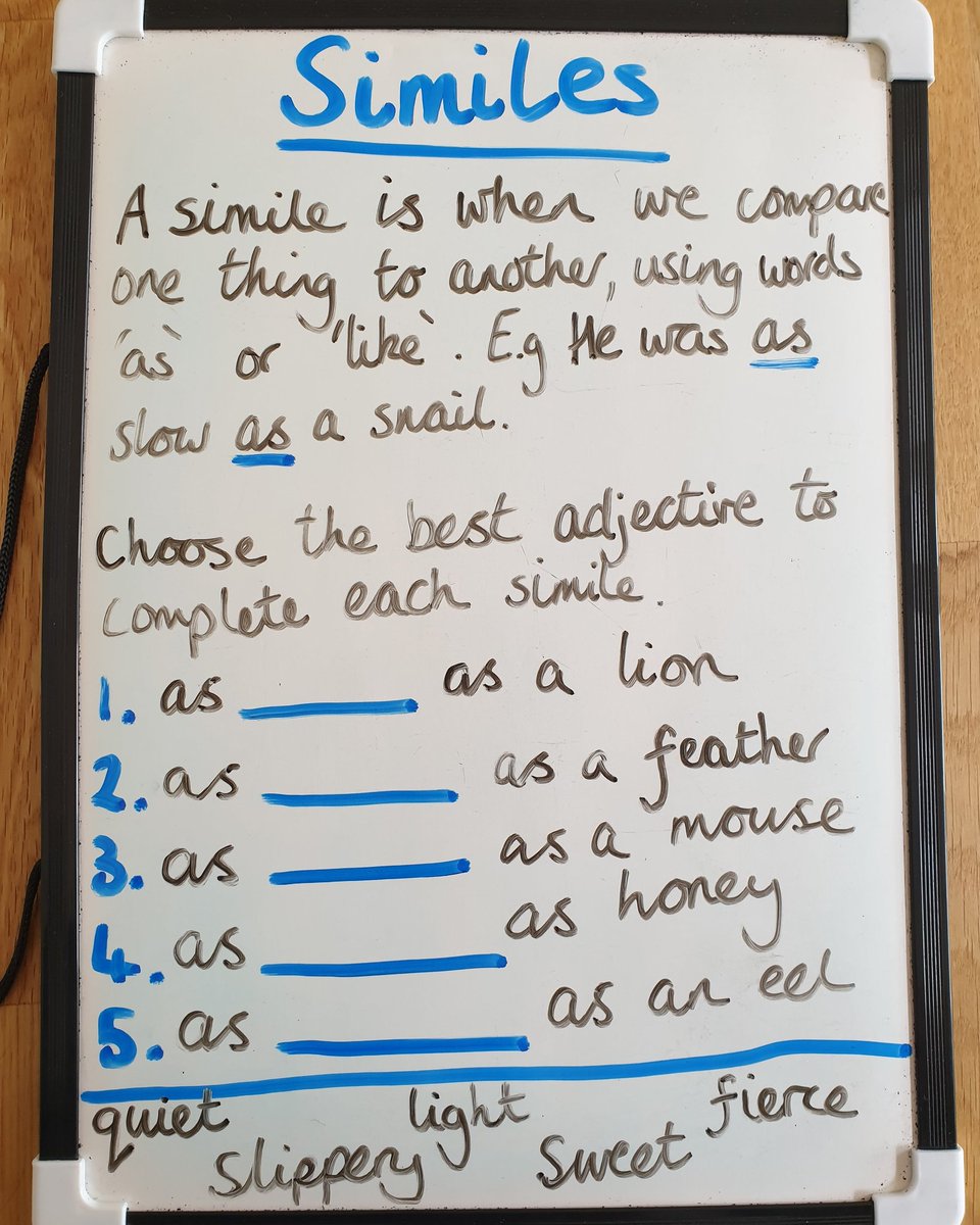 MoorePrimary's tweet image. DAILY ENGLISH CHALLENGE

Can you choose the best adjective to complete each simile? 

🦁🐭🍯

#homelearning #English #grammar #similes