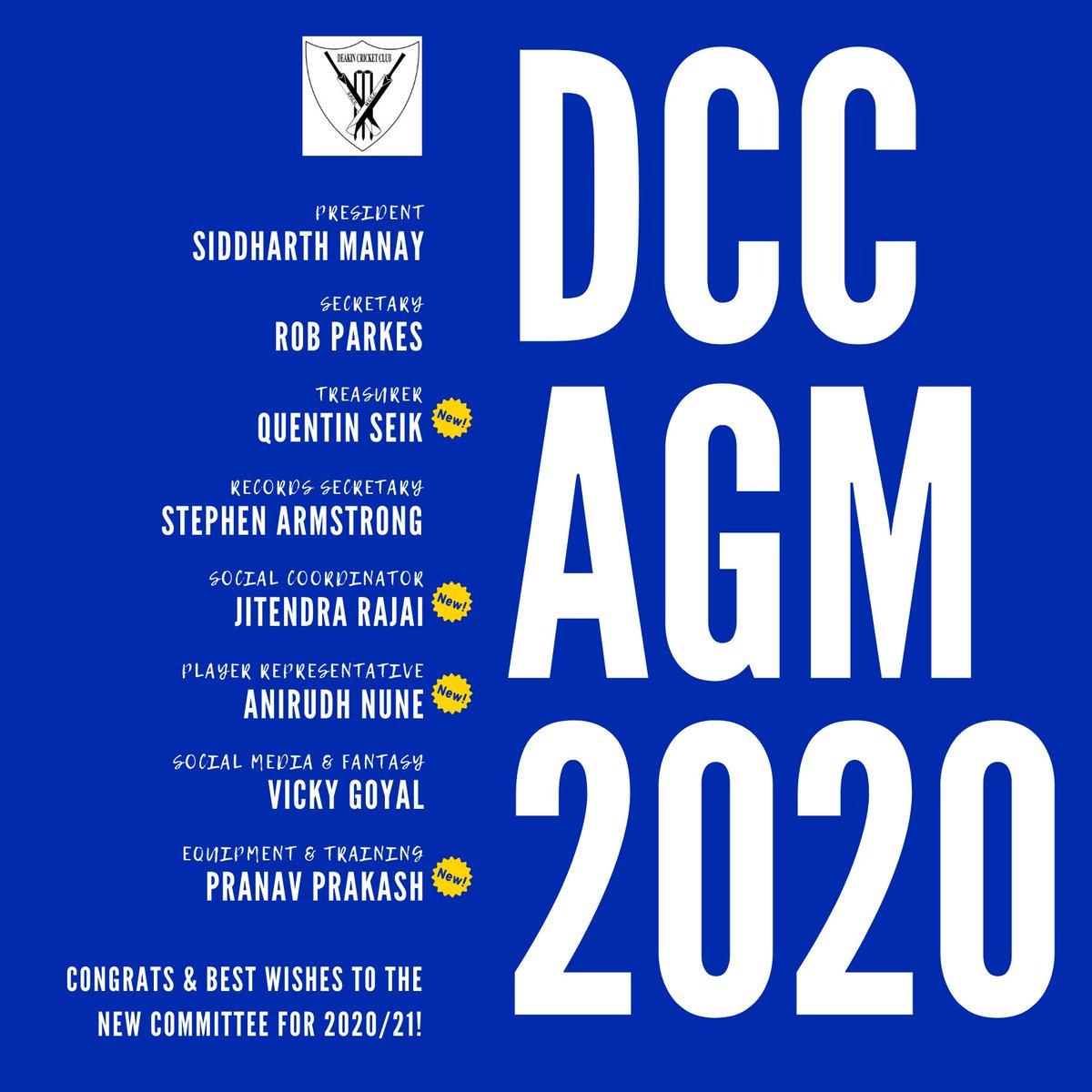 New <a href="/DCC_Dugongs/">Deakin Cricket Club</a> committee appointed over the last weekend (31.05.2020) at AGM 2020. Our best wishes to the new committee for season 2020-21 👍 #deakincricketclub #deakindugongs #deakincc