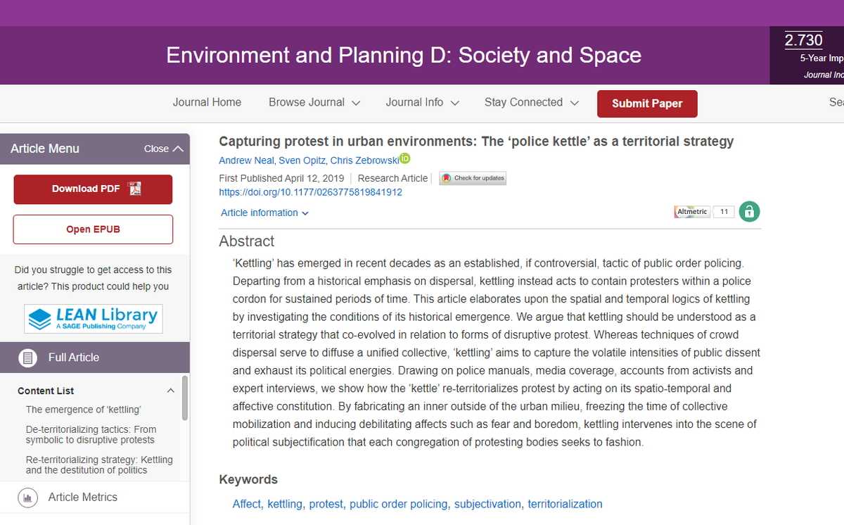 Following reports of widespread kettling in both the US and UK, I’d like to share our article on police kettling.   Containment, we argue, is a “machinery of political destitution” which operates spatially and affectively to subdue urban #protests. #BLM bit.ly/2ziRh7W