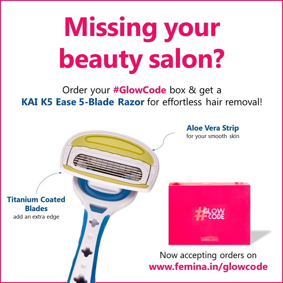 FeminaIndia's tweet image. Wondering whether it&apos;s safe to shave at home during a lockdown? #GlowCode by #FeminaXGrazia has just what you need: KAI K5 Ease 5-Blade Razor.Apart from this, you get 15 other beauty products worth ₹6500 for JUST ₹1999. @Kai_India_ #KaiIndia #KaiCares #KaiRazors #KaiRazor #K5
