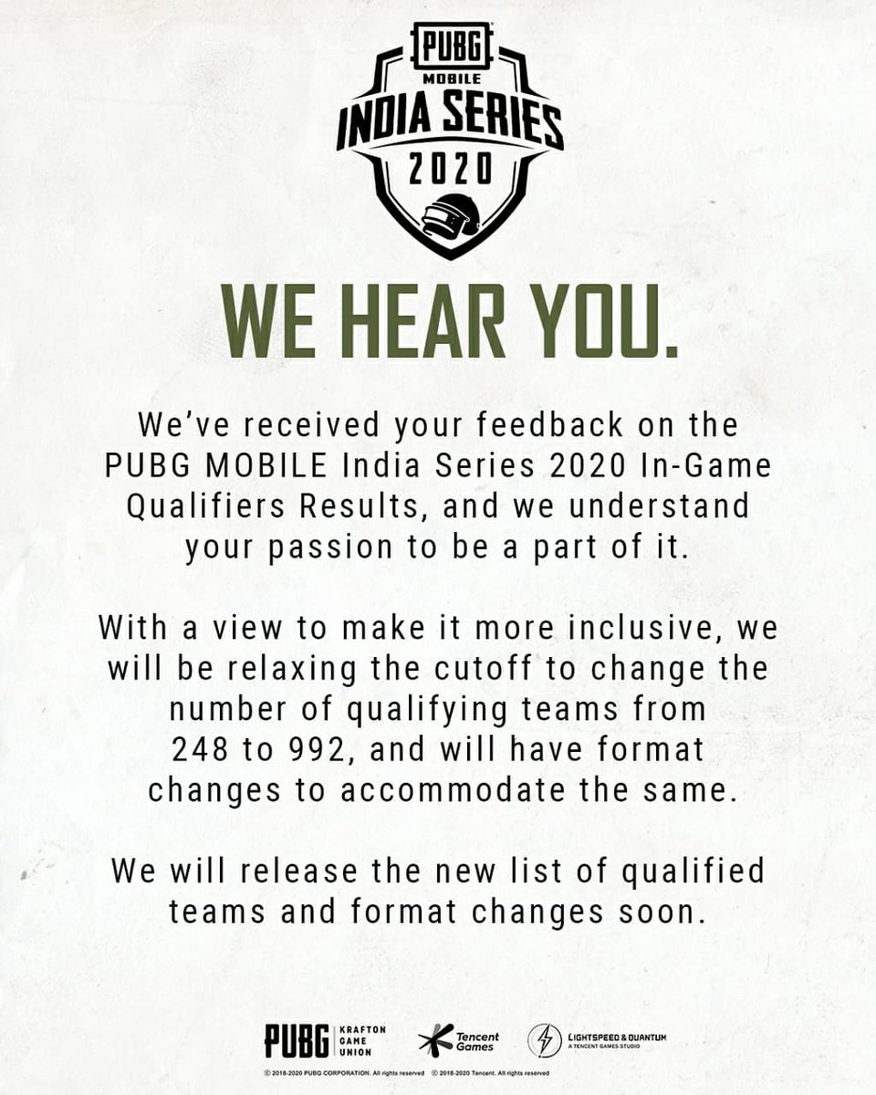 NodwinGaming's tweet photo. Official announcement by @PUBGMOBILE_IN 🌟
Based on community feedback,
The number of slots for the Round 1 matches is now increased to 992 teams for #pmis2
Games begin 17th June 🔥
#PUBG #pmis #pmis2 #pmis2020 #pubgindia #esports #gaming #gamers https://t.co/7xEotJG3Wy