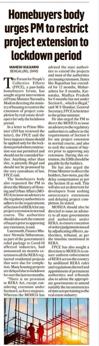 FightForRERAInd's tweet photo. Regulatory Authorities should adhere to the requirements of Section 6 of RERA 4 any project extension in normal course. The authorities shud also seek the consent of buyers prior to approving any extension says @msshankar1961 
@narendramodi @HardeepSPuri @makul_bs @DeccanHerald https://t.co/dCBp5HzU05